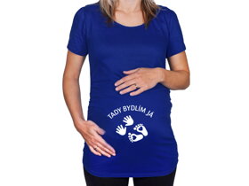 Modré těhotenské tričko s nápisem Tady bydlím já