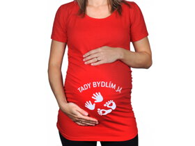 Červené těhotenské tričko s nápisem Tady bydlím já