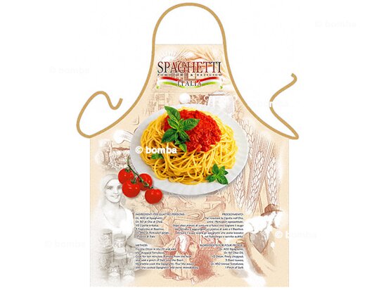 Zástěra se špagetami a bazalkou